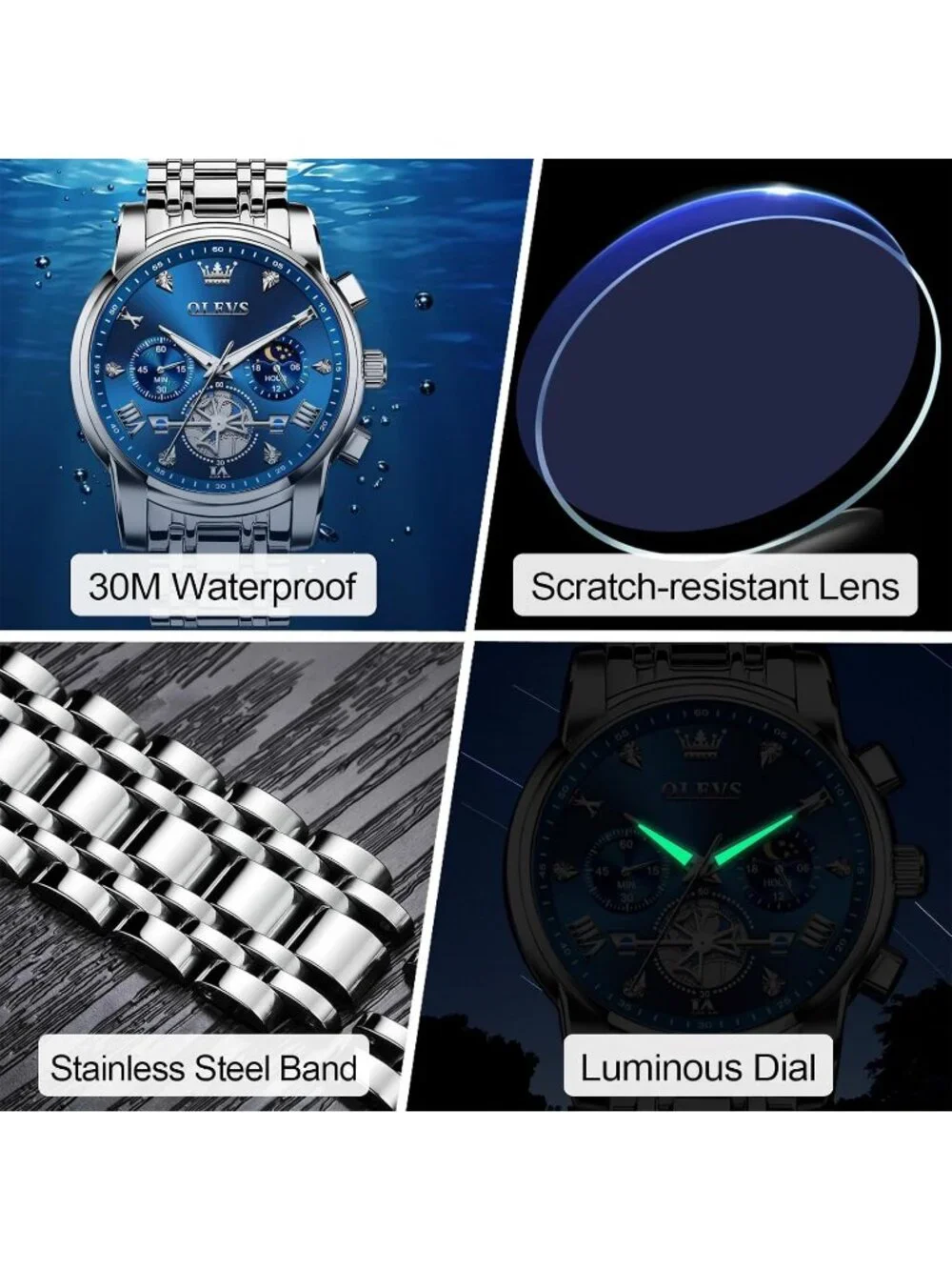 Men's Blue / Silver Stainless Steel Chronograph Waterproof Quartz Dress Watch